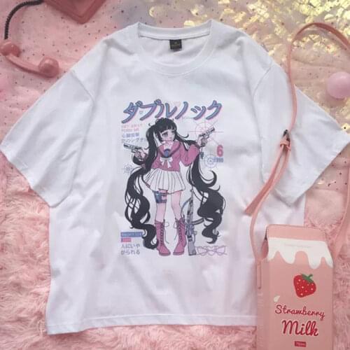 Sweet Punk T-shirt Y2k Women Summer 2021 Korean Ins Japanese Harajuku Style Hot Anime Print Loose Student Short Sleeve Shirt