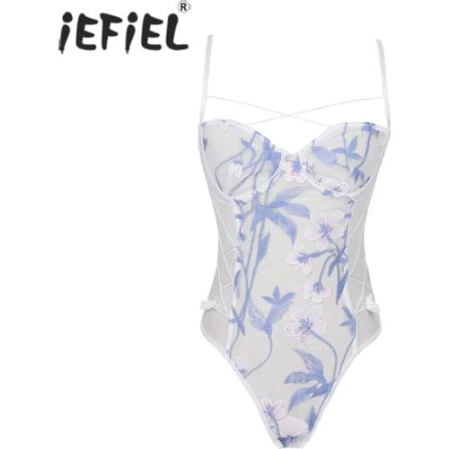 Women Floral Butterfly Embroidery Bodysuit See-through Mesh Backless Teddies Ladies Lace-up Sheer Leotard Sexy Lingerie Costume