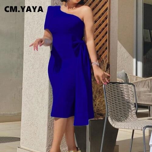 CM.YAYA Women Midi Dress Solid Short Sleeve One Shoulder Bow Stretchy Skinny Dresses Fashion Party Vestidos Summer Outfits 2021