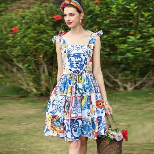 High Quality new Designer Fashion Summer Dress Womens Spaghetti Strap Blue Amazing Flower Print Elegant Casual Beach Dress