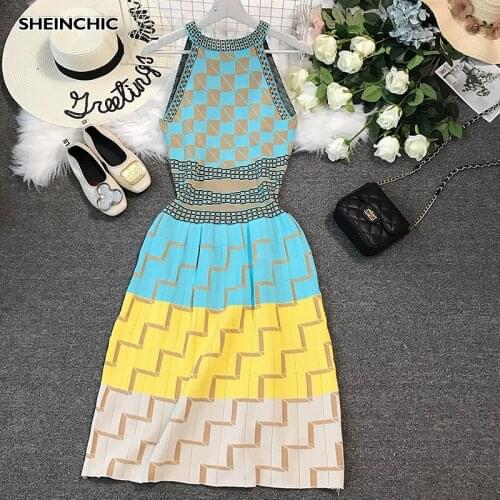 Summer 2019 Plaid Geometric Women Knitted Dress Elegant Halter Sleeveless Midi Dress Bohemian Summer Vacation Beach Vestidos