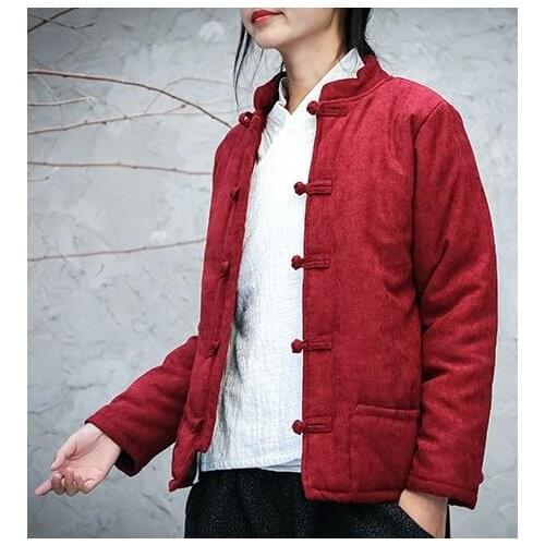 Women winter warm coat lay meditation tops jacketmartial arts uniforms zen hanfu outfit tang suit dark blue/red