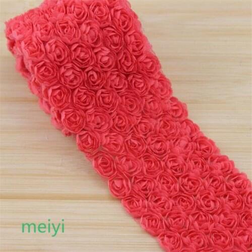 3 Yd Watermelon Red 6 Row 3D Rose Flower Embroidered Lace Trim Ribbon Fabric Sewing Craft For Costume Headdress Hat Decoration