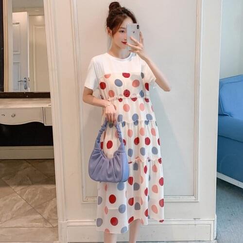 730# 2021 Summer Korean Fashion Maternity Long Dress Dot Printed Chiffon Patchwork Cotton Clothes for Pregnant Women Pregnancy