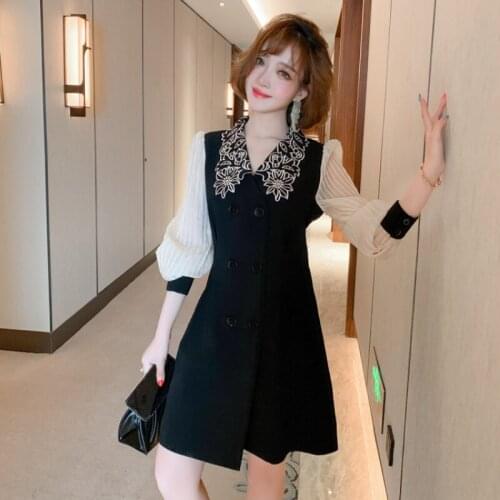 Awarose Fashion Embroidery Flower Lantern Long Sleeve Double Breasted High Waist Patchwork Elegant Party Dress Women Vestidos