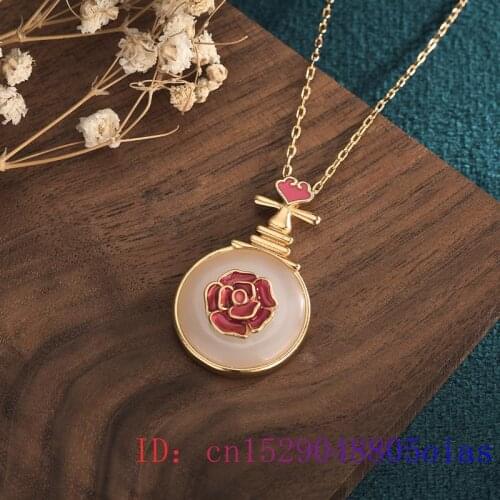 White Jade Rose Pendant Gifts Charm Agate Gemstone Fashion Chalcedony Amulet Women 925 Silver Natural Necklace Crystal Chinese