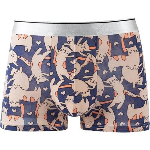 Summer Ice Silk Breathable Fashion Yong Man Cats Cartoon Boxers Personality High Elasticity Thin Tight 4XL Large Size Underwear
