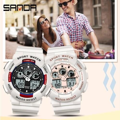 SANDA 2021 Fashion New Couple Watch Sports Style Multifunctional Dual Display Dial Electronic Wristwatch Gifts for Lovers 3099