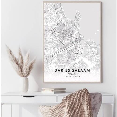 Dar es Salaam Tanzania World black and white map poster print unframe poster office decoration