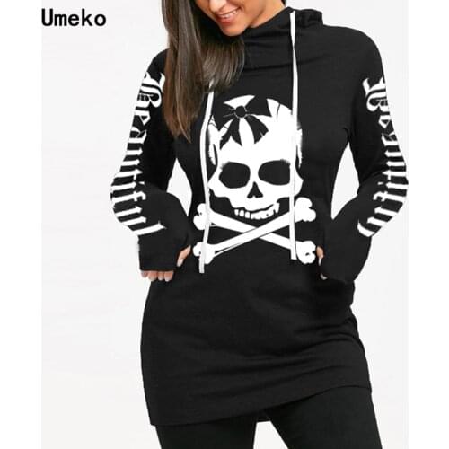 Umeko 2020 Plus Size Long Sweatshirt Skull Print Hooded Sweatshirt New Warm for Womens Casual Solid Color Loose Versatile Top