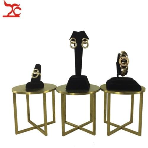 Quality Round Gold Stainless Steel Counter Store Window Shelf Black Velvet Ring Earring Bangle Stud Jewelry Organizer Stand Kit