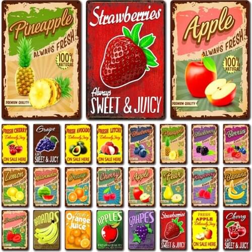 [ Kelly66 ] Fresh Fruit Litchi Lemon Banana Watermelon Strawberry Tin Metal Sign Home Decor Bar Art Painting 20*30 CM Size Dy178