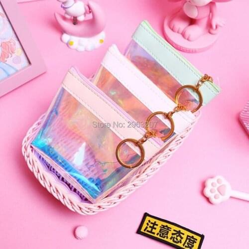100pcs Cute Girl Transparent Laser Coin PU Leather Purses Holder Mini Change Money Bag Storage Bag Children Zipper Pouch Gift