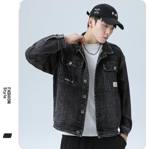 2126 Mens Denim Jackets Trendy All-Match Black High Street Cargo Lapel Multi-Pocket Loose Casual Youth Handsome Boyfriend Coat