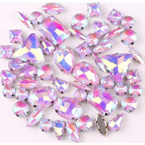 Silver claw setting jelly candy Violet AB 50pcs/bag shapes mix glass crystal sew on rhinestone wedding dress shoes bag diy
