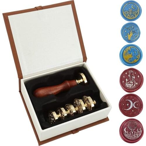 Wax Seal Stamp Set 6 Pieces Sealing Wax Stamps Copper Seals + 1 Piece Wooden Hilt Vintage Retro Classical Sealing Stamp Kit