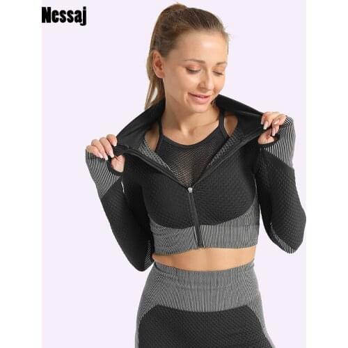 Nessaj Seamless Long Sleeve Shirt Women Fitness Shirt Workout Top Women Running Jogging Sport Zipper Tops Female Gym Shirt