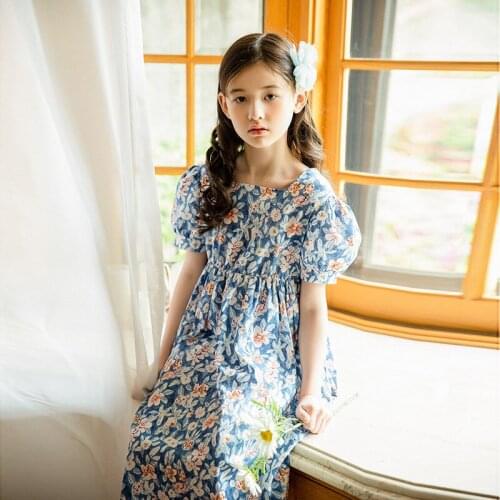 2021 Summer New Kids Dress Korean Styel Teen Girls Floral Dress Cute Puff Sleeve Classic Dress for Big Girl 4-10 Y Child Clothes