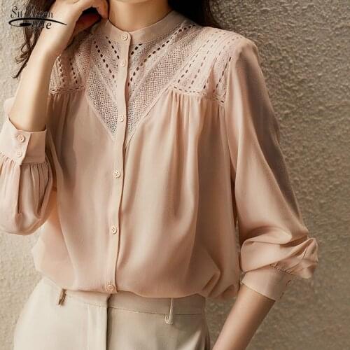Summer New 2021 Hollow Out Embroidered Silk Sunscreen Shirt Elegant Pink Stand Collar Lace Stitching Blouse Blusas Femme 15040