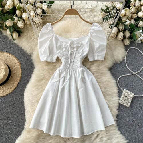 Summer Square Collar White Cotton Dress Women Bow Tie Big Puff Sleeve Dress Pleated Mini Elastic Waist Dresses Lady Elegant New