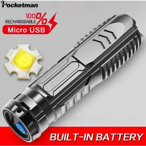 Portable USB Rechargeable Flashlight Pocket Hand Light Built-in Battery Torch Waterproof Flashlight for Camping Hiking Fishing