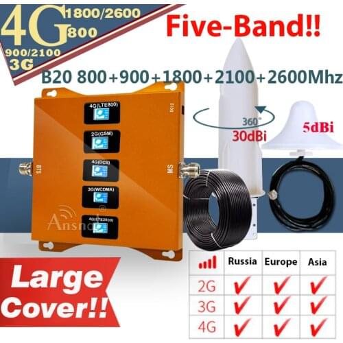 Five-Band Cellular Booster B20 800/900/1800/2100/2600Mhz CellPhone 4G Cellular Amplifier GSM Repeater 2G3G4G Signal Booster GSM