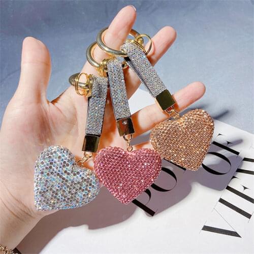 Handmade Full Rhinestone Leather Strap Heart Keychain Creative Korean Fashion Bag Charms Key Ring Key Chain Holder Trinket Gift