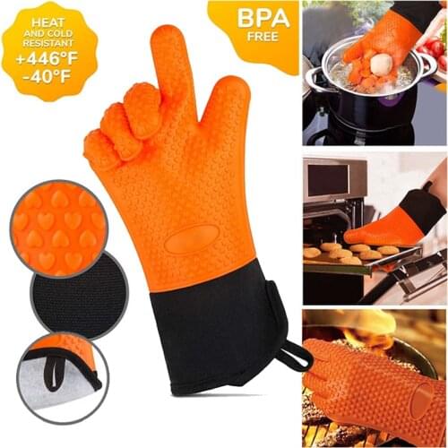 Silicone Gloves Heat-resistant Non-slip Long Thick Microwave Oven Mitts Kitchen BBQ Baking Cooking Canvas Stitching Oven Gloves
