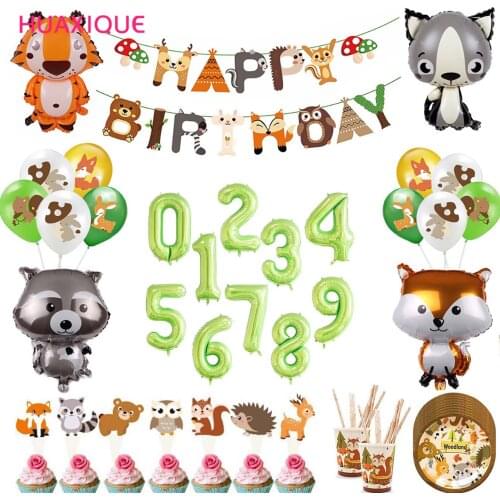 Woodland Tableware Jungle Safari Birthday Decoration Wild One Number Balloon Birthday Party Supplies Forest Animal Paper Plates
