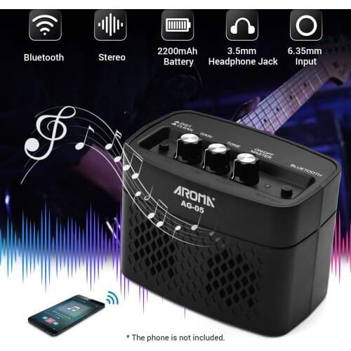 AROMA AG-05 Bluetooth Electric Guitar Amplifier 5-Watt Stereo Output Distortion Gain Tone Control with Rechargeable Battery