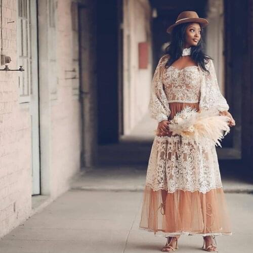 Bohemian Ankle Length Wedding Dresses High Neck Long Sleeve Champagne Bridal Gown Country A Line plus size Vestidos De Novia