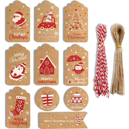 50pcs Painted Merry Christmas Gift Tags Candy Cookie Bags Kraft Paper Hang Tags Paper Card Label Christmas Decoration Xmas Tag