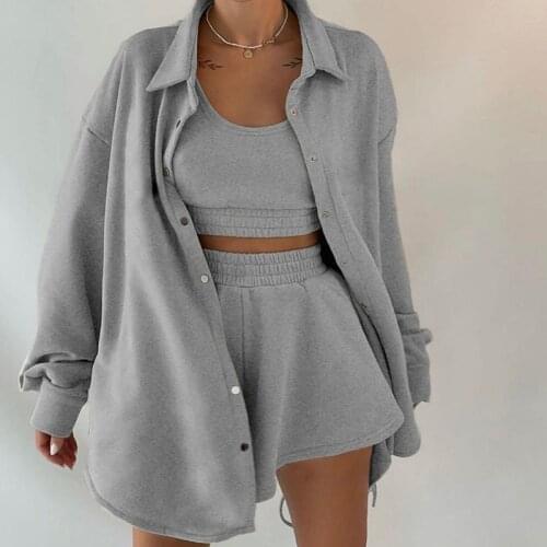 Women Sweatwear Outfits Sporty Clothing 2021 Spring Autumn Single Breasted Jackets and Joggers Shorts Sexy Camisole 3 Piece Set