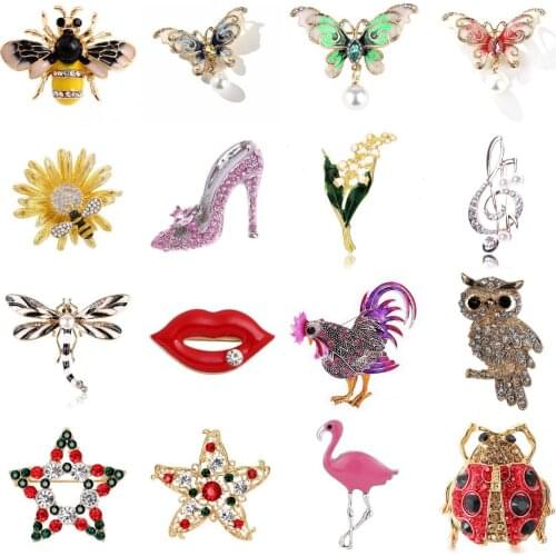 Women Pearl Insect Bee Floral Leaf Girl Flamingo Owl Rhinestone Butterfly Snail High Heel Bird Brooch Pins Wedding Party Jewelry