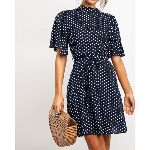 Elegant Mini Dress New Summer Dresses Women Turtleneck Dot Print Short Sleeve Ruffle A-Line Dress Mini Vintage Vestido Sundress