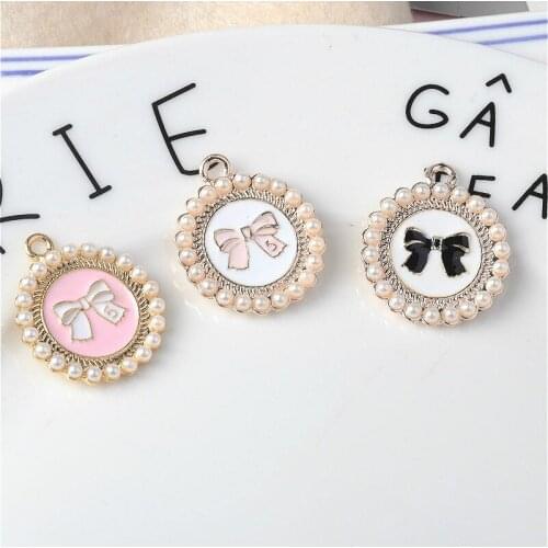 10pcs Pearl Bow Tie Enamel Charms Dangle Round Metal Pendants DIY Earring Bracelet Floating Jewelry Accessory 24*29mm FX788