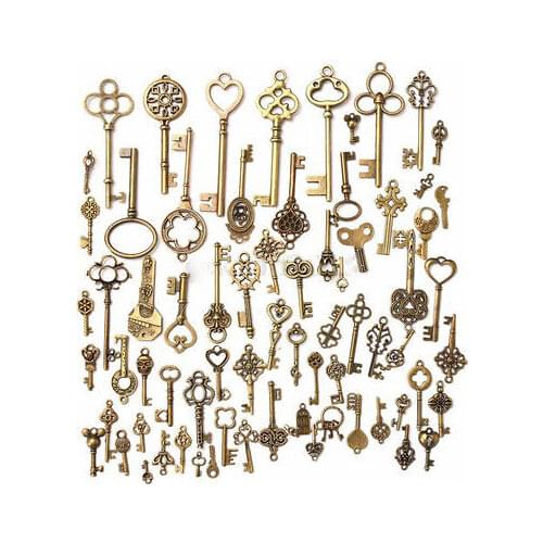 2016 Random 70pcs/sets Antique Vintage Old Look Bronze Skeleton Keys present gift Fancy Heart Bow for party supplies decor