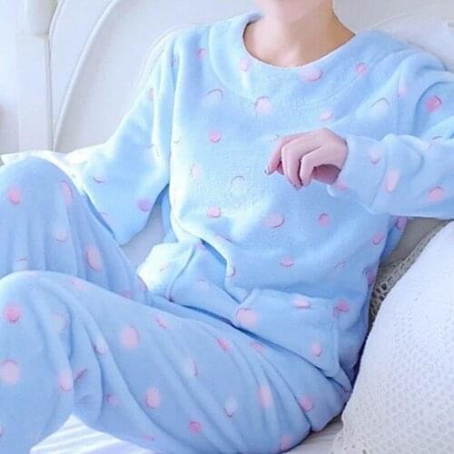 2021 Winter Pajamas Women Thick Flannel Warm Female Pajama Set Long Sleeve Full Trousers Two Piece Pajamas Cartoon Pint Homewear