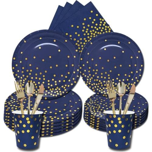 8Guests Navy Blue Disposable Tableware Stamping Gold Dots Napkin/Cup/Plate Festival Party Decor Happy Birthday Party Decor Kids