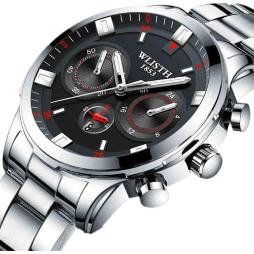 WLISTH Man Watches Men Stainless Steel Wrist Watch Genuine Brand Quartz Clock Waterproof Wristwatch Simulate Three Eyes Relogios