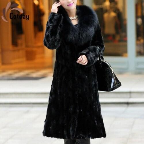 Cotday Thick Big Fox Fur Collar Winter Warm Korean Version Imitation Mink Fur Women Loose Coat Show Thin Long Fur Coat