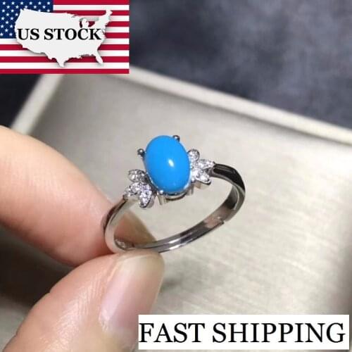 US STOCK Uloveido Blue Turquoise Solitaire Ring, 925 Sterling Silver, 5*7 mm Certified Oval Gemstone Wedding Party Jewelry FJ227