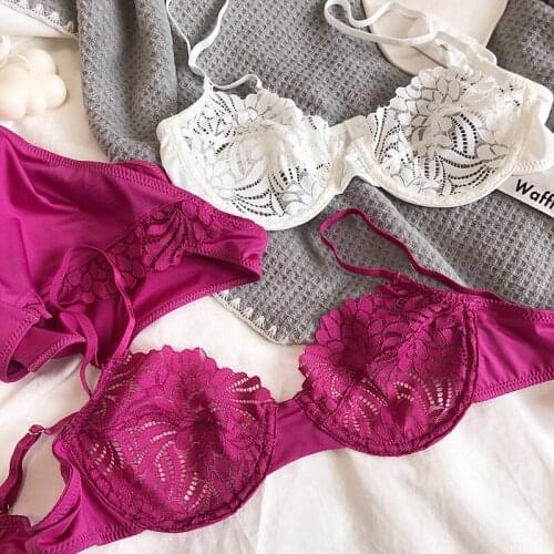 French thin lace bra set with steel ring big breasts small see-through bralette breast milk imitation drooping gather lingerie