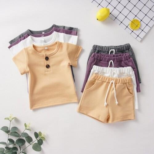 0-24M Infant Baby Girls Boys Clothes Sets Solid Short Sleeve T-Shirts Tops+Shorts Trousers 2pcs