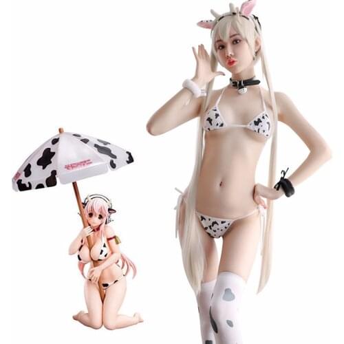 7PCS/Set Super Sonico Cosplay Costume Cute Cow Bikini Uniform Swimsuit Headband+Bra+Panty+Tail+Wristband +Stockings+Bell Collar