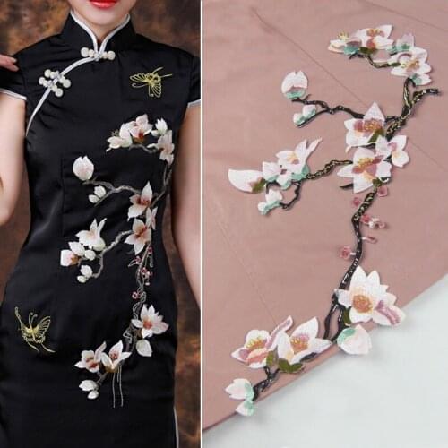 Lace Patch Luxurious Cheongsam Formal Dress Applique Organza 3D Embroidery Magnolia Flowers Lace Fabric RS590