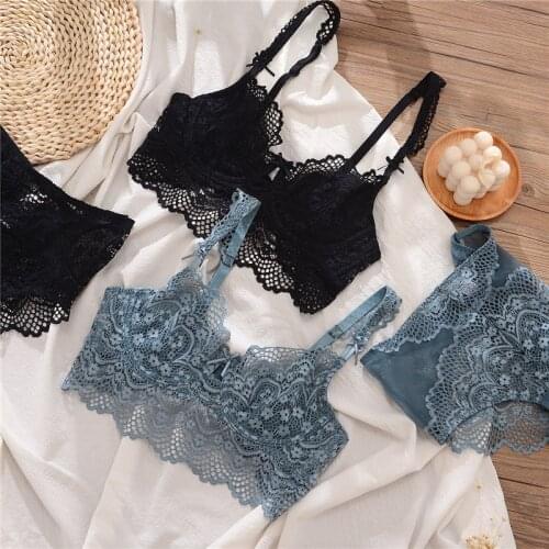 Wriufred Lace underwear womens ultra-thin non-sponge breathable big breasts show small hollow sexy comfortable bra set summer