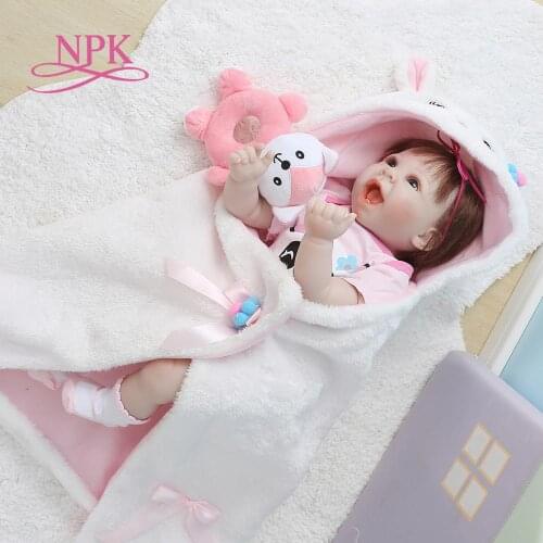 NPK 55CM reborn bebe doll baby lifelike real touch soft body happy baby in blanket dress set Christmas Gift
