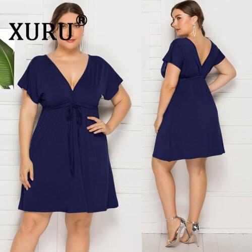 XURU Summer New Womens Sexy Dresses Solid Color Short Sleeve Deep V-neck Dress Large Size Dress M-4XL