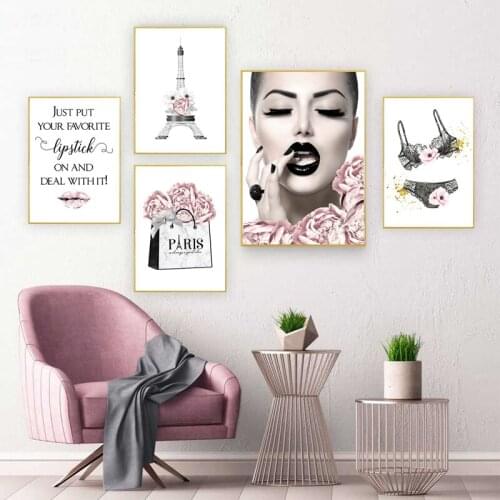 Fashion Pink Girl Room Decoration Poster Perfume Eyelash Lip High Heel Print Art Painting Wall Print Picture Bra For Beauty Shop